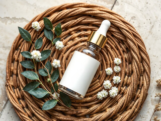 cosmetic oil in autumn basket with flowers and leaves
