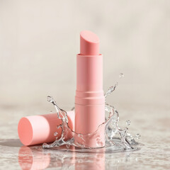 makeup, lipstick in pink color on a white background 