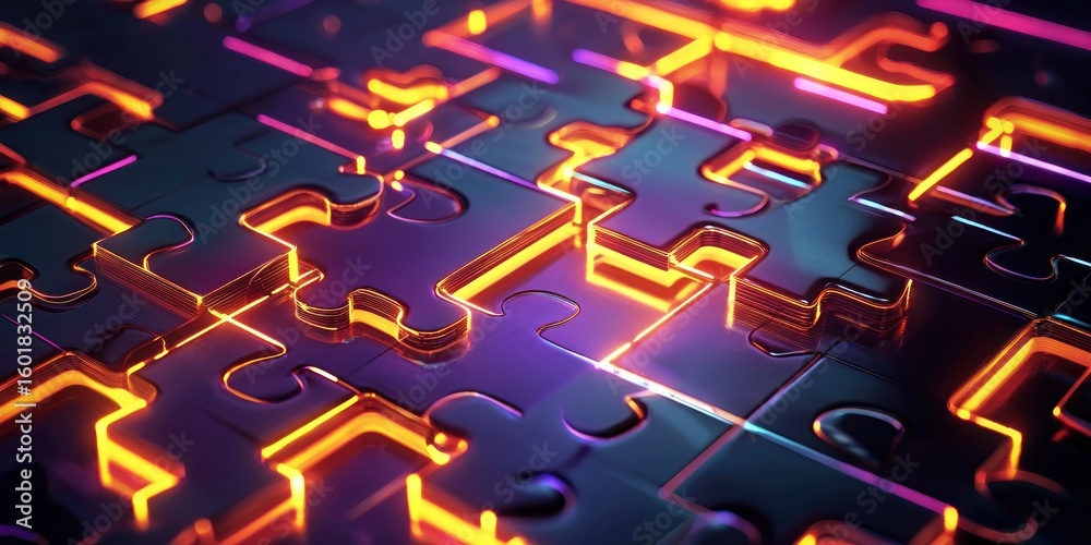 Wall mural a glowing 3d puzzle where pieces assemble into a futuristic structure