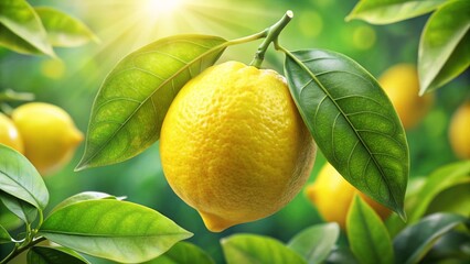 Fresh ripe yellow citrus fruit, organic lemons with green leaves, growing on a healthy branch of a juicy tree in nature