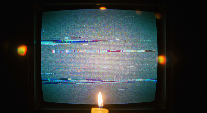 Analog horror concept with a retro CRT television showing glitch screen static illuminated by candlelight in a dark room.