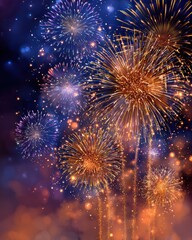 Dynamic golden spiral cyan waterfall purple star fireworks on indigo to peach gradient backdrop, glowing halo effect dots, compact composition with e-commerce placement zone for banners.
