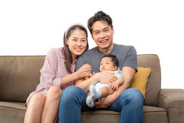 Happy Asian Parents and Baby Sitting Together on Sofa, Portrait of Joyful Young Family with Infant Smiling at Home