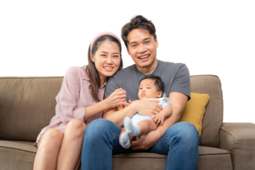 Happy Asian Parents and Baby Sitting Together on Sofa, Portrait of Joyful Young Family with Infant Smiling at Home