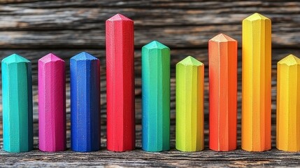 Row of vibrant pencils on rustic wood surface