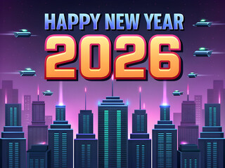 Naklejka premium Happy New Year 2026 futuristic cityscape with flying vehicles and glowing lights image
