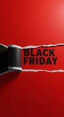 a black torn paper revealing the BLACK FRIDAY in bold black letters on a red background. Top view of Black torn paper and the text black Friday on a red background, Black Friday.