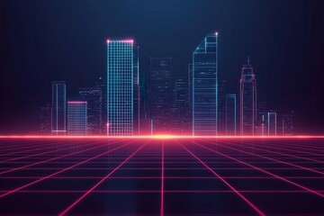 Naklejka premium Neon grid landscape with glowing skyscrapers under a dark sky Cityscape