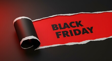 a black torn paper revealing the BLACK FRIDAY in bold black letters on a red background. Top view of Black torn paper and the text black Friday on a red background. Black Friday composition.