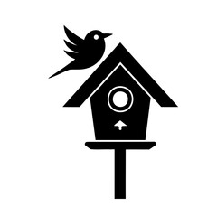 Silhouette a bird flying towards a birdhouse on a post vector