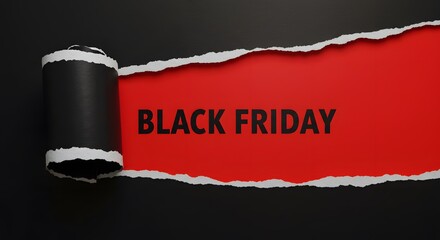 Top view of Black torn paper and the text black friday on a red background. a black torn paper revealing the BLACK FRIDAY in bold black letters on a red background. Black Friday composition.