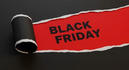 a black torn paper revealing the BLACK FRIDAY in bold black letters on a red background. Black Friday composition. Top view of Black torn paper and the text black Friday on a red background. 
