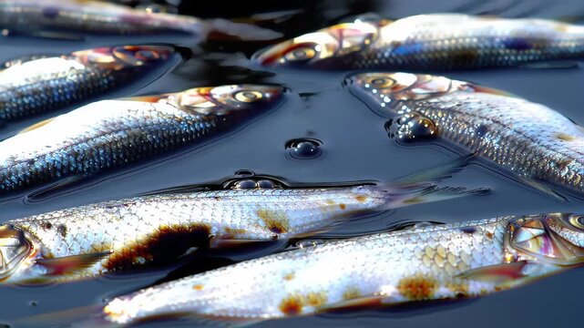 Dead Fishes Floating on Dark Water Surface Ecology Calamity Outdoor Close Up