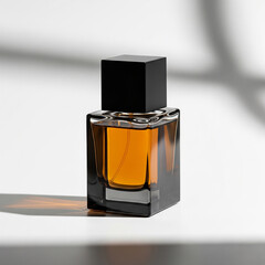 Elegant perfume bottle mockup amber liquid fragrance black cap glass container beauty product presentation