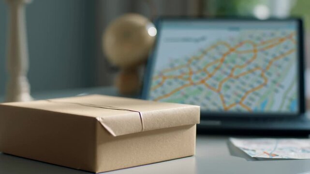 Digital twin concept in logistics featuring cardboard box and package on table with laptop displaying blurred map for efficient digital management