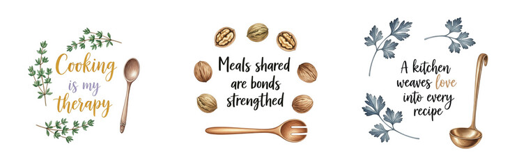 Therapeutic Culinary Quotes with Watercolor Thyme, Walnuts, and Parsley, Emphasizing Meals as Therapy and Recipes Woven with Love