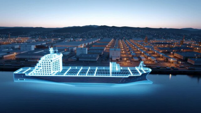 Digital twin technology visualizes cargo ship logistics port dusk and night with glowing blue hologram effects enhancing operational efficiency