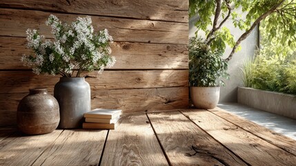 Still life with flowers vases and books on wooden surface