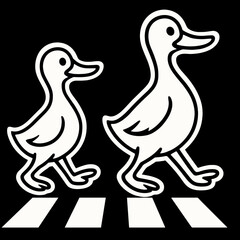 Two playful ducks walking on a crosswalk during a bright day in a whimsical urban setting