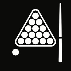 Creative representation of a billiard setup featuring a triangle of balls and a cue stick on a black background