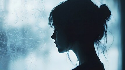 Silhouette of a young woman with dark hair against a frosted window.