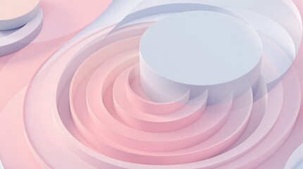 Obraz premium Abstract geometric background with circles and curved shapes in soft pastel pink and white tones for modern design and decoration