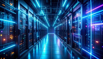 Futuristic Data Center with Neon Lights