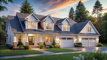 New luxury residential architecture: a suburban brick house with a front yard and a beautiful garden under a clear sky