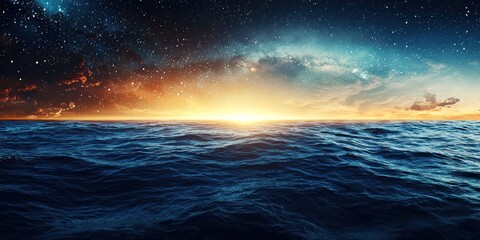 A gravity-defying world where the ocean meets the stars, creating an impossible horizon