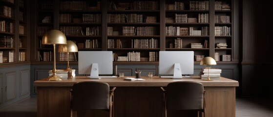 Elegant law firm workspace with dual monitors and legal documents in classic library setting