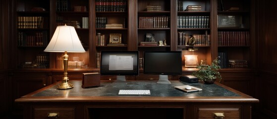 Law firm workspace with legal documents and dual monitors in an elegant office setting