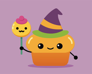 Vector art of a cute cupcake character wearing a witch hat and holding a lollipop