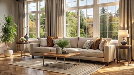 A contemporary living room interior featuring a comfortable sofa, stylish furniture, and a modern fireplace, illuminated by natural light from a large window