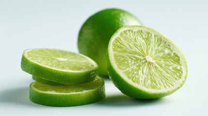 Fresh green lime cut in half with circular slices stacked beside it, detailed pulp and rind texture, soft shadows on a clean white backdrop, perfect for beverage marketing