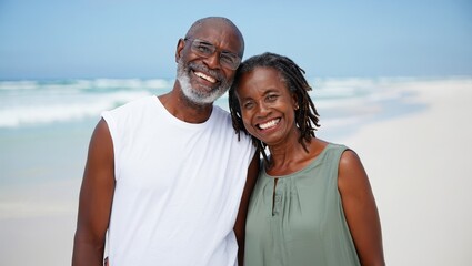 Smiling Senior Black Couple on Beach Vacation