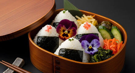 A wooden bento box filled with onigiri rice balls decorated with edible flowers, accompanied by pickled vegetables and chopsticks.