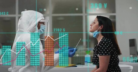 Healthcare professional reaching for nasal swab and collecting COVID test sample with graphs rising - Powered by Adobe