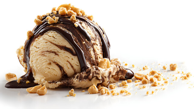 Delicious peanut butter and chocolate ice cream scoop topped with crunchy peanuts and chocolate drizzle