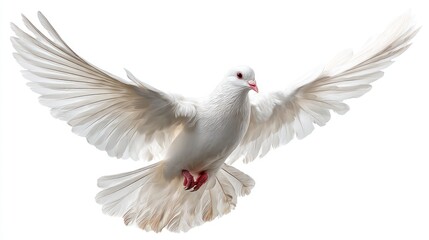Fototapeta premium White dove in mid-flight with wings fully spread, feathers detailed and glowing slightly, isolated on pure white background, symbol of peace and freedom