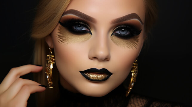 Autumnal Glow Hot Fiery Eye Makeup Art, Cosmic smoky gold and black  Fantasy eye shadow design of 2025.
 - Powered by Adobe