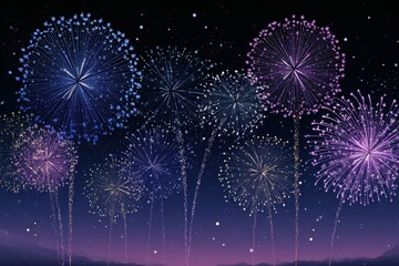 Symmetrical violet blue fireworks with delicate gold trails, romantic celestial gradient for premium party backdrop, intimate moment, luxury wedding save the date card, magical floating glow