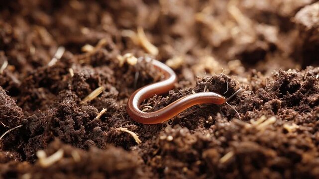Top-down view of an earthworm on or partially emerging from rich, moist soil, visible textures of dirt and organic debris, natural lighting, realistic , detailed and sharp focus, no text, no blur,