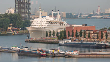 Aerial timelapse of Maashaven harbour during morning in Rotterdam, The Netherlands