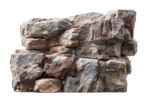 A textured, irregular rock formation, possibly artificial, showcasing a variety of browns and grays, arranged in a layered, stacked pattern against a black background