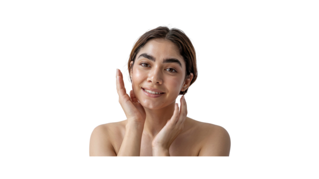 Young Woman with Clear Skin Touching Her Face, Smiling