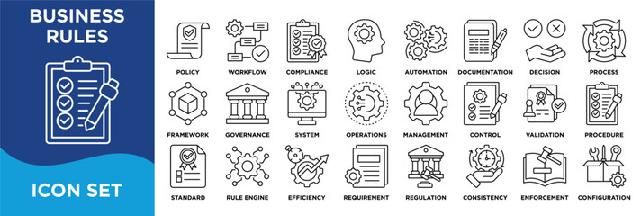 BUSINESS RULES icon collection set. Containing policy,workflow,compliance,logic,automation,regulation,decision,process,framework,governance icon. Simple line vector.