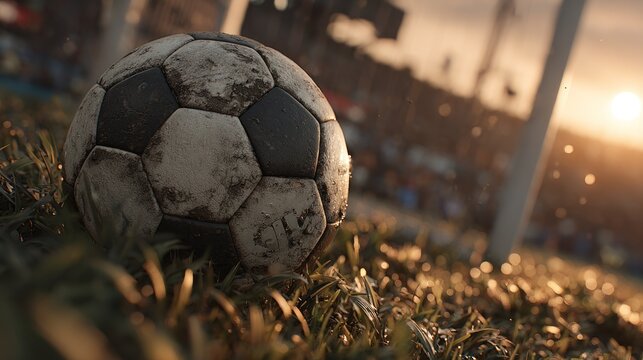 Used soccer ball on grass at sunset - Powered by Adobe