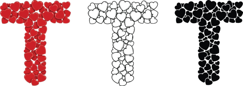Letter t made of hearts valentine's day love alphabet typography romantic design abc heart shape font - Powered by Adobe