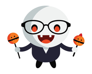 Obraz premium Vector art of a cheerful and slightly goofy ghost character wearing glasses and holding pumpkin lollipops ready for halloween