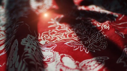 Red fabric with intricate white design